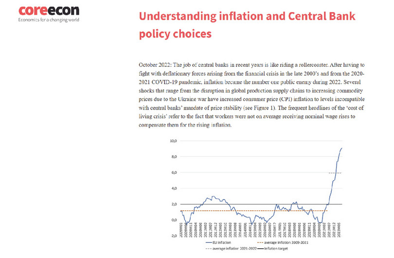 The line chart illustrates the inflation rate changes in the European Union from 2009 to 2022, emphasizing the impact of the Ukraine war. The horizontal axis displays the years 2009 to 2022, and the vertical axis shows inflation rates in percentages, ranging from −2.0% to 10.0%. The EU inflation line shows fluctuations: it drops from above 1.0% in early 2009 to just below 0% within a few months, rises to about 3% in late 2011, then falls again to negative territory in late 2014, and gradually climbs back to around 2% by late 2018. After hitting another low of around −0.5% in late 2019, it begins to surge due to the Ukraine war, peaking at over 9% in mid-2022. A solid horizontal line at the 2% level marks the inflation target, which is higher than the actual EU inflation for most of the period from 2009 to 2021. Two dashed horizontal lines are also depicted: one at approximately 1.6%, indicating the average inflation from 2009 to 2021, and another at 6.0%, indicating the average inflation from 2021 to 2022.