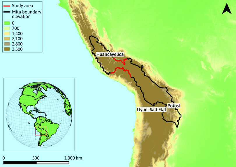 This map shows the regions of Bolivia and Peru where the mita system was enforced or not.