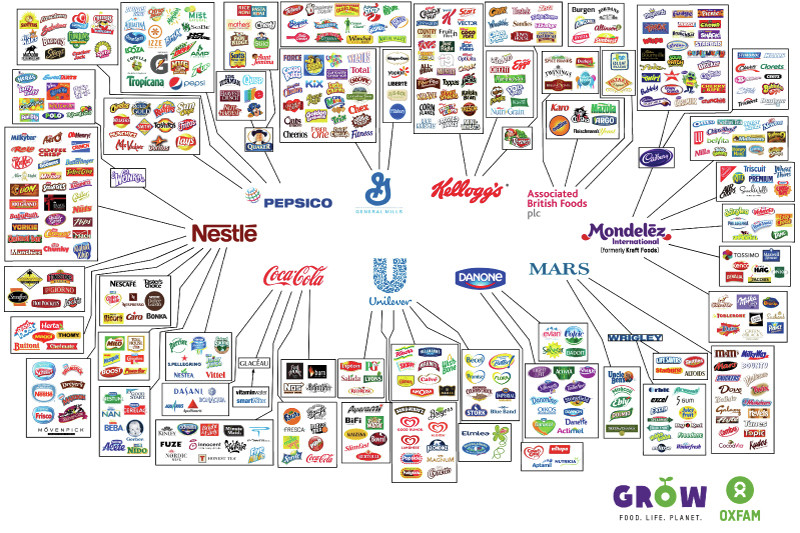 This diagram shows 10 companies which dominate the food and beverage industry worldwide. This companies are: Nestle, Pepsico, General Mills, Kellog’s, Associated British Foods, Mondelez International, MARS, Danone, Unilever, and Coca Cola. Many brands are associated with each one of these companies.